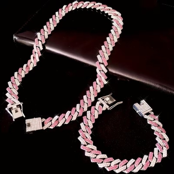 The Unbranded Brand Other - Men's Hip Hop Miami Cuban Prong Link Necklace and bracelet set PINK ice bling